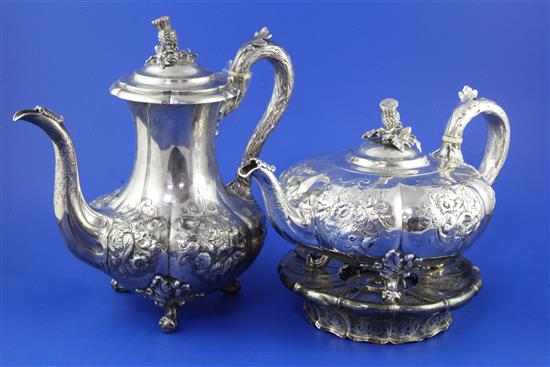 PAUL STORR. A William IV silver coffee pot, spirit stand with burner and a matching teapot, gross 74 oz.